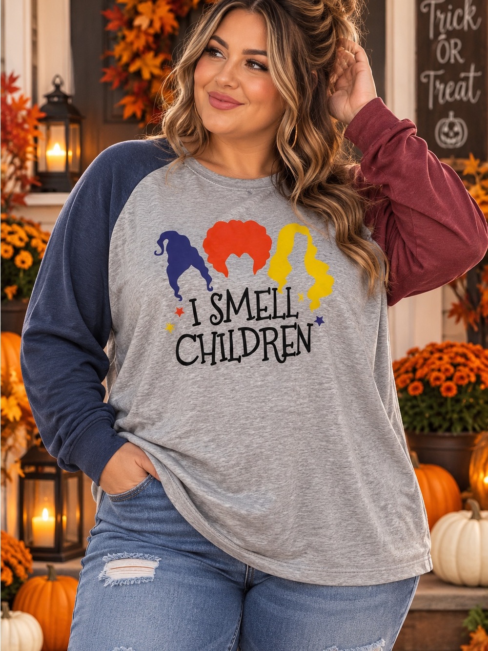 I Smell Children Raglan Tee - Grey with Navy & Burgundy Sleeves